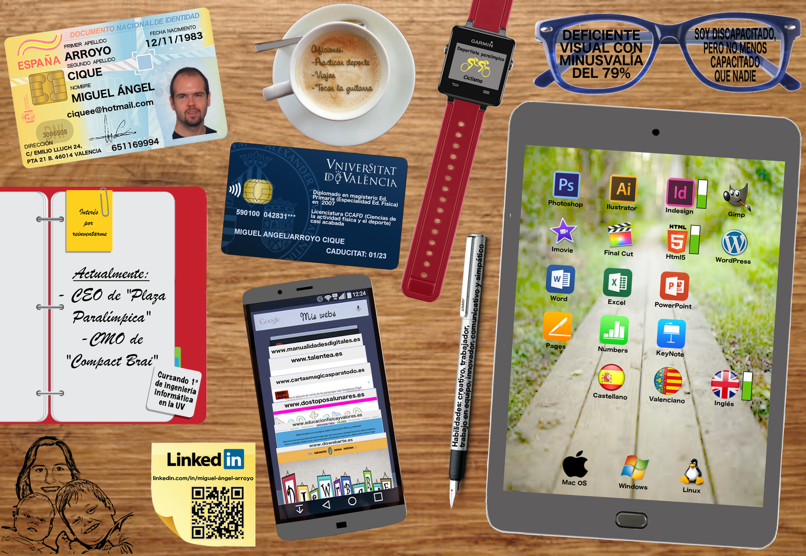 Toda la página es una imagen de mi curriculum vitae, simulando una vista cenital de un escritorio y en este hay objetos sobre los que estan escritos los items del curriculum, por ejeplo hay una tablet donde se muestran los softwares y idiomas que domino, tambiñén hay un DNI con mis datos básicos...